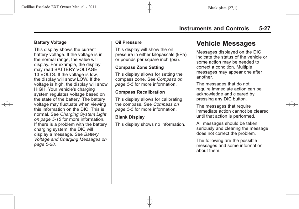 Vehicle messages, Ehicle messages -27, Engine exhaust -37 | Vehicle messages -27 | Cadillac 2011 Escalade EXT User Manual | Page 157 / 508