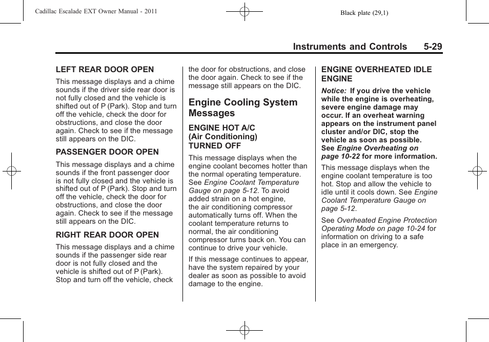 Engine cooling system messages, Engine cooling system, Messages -29 | Cadillac 2011 Escalade EXT User Manual | Page 159 / 508