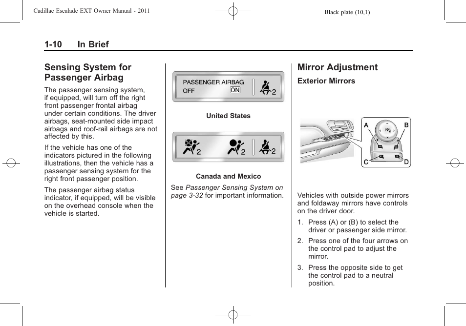 Sensing system for passenger airbag, Mirror adjustment, Sensing system for | Passenger airbag -10, Mirror adjustment -10, Rear | Cadillac 2011 Escalade EXT User Manual | Page 16 / 508