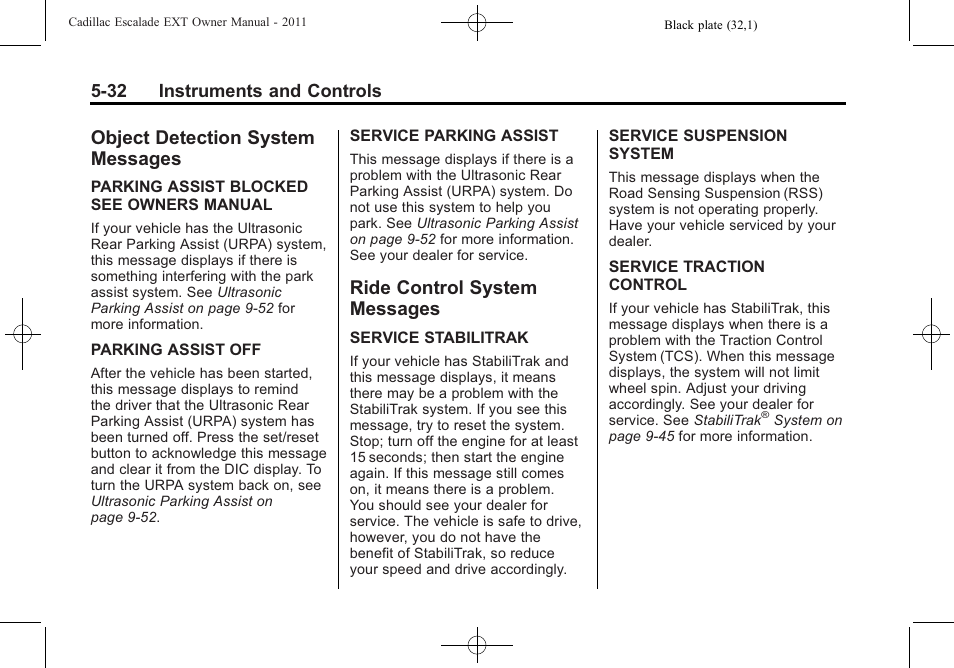 Object detection system messages, Ride control system messages, Object detection system | Messages -32, Ride control system | Cadillac 2011 Escalade EXT User Manual | Page 162 / 508