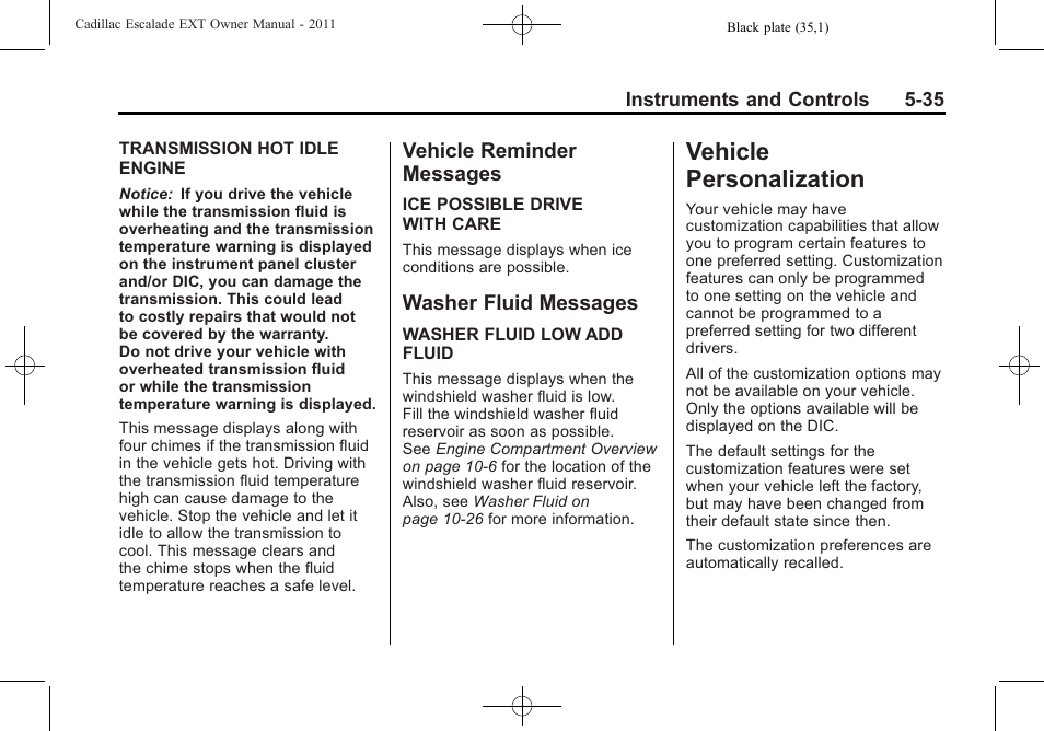 Vehicle reminder messages, Washer fluid messages, Vehicle personalization | Automatic, Vehicle reminder, Messages -35, Washer fluid messages -35, Vehicle personalization -35, Steering | Cadillac 2011 Escalade EXT User Manual | Page 165 / 508