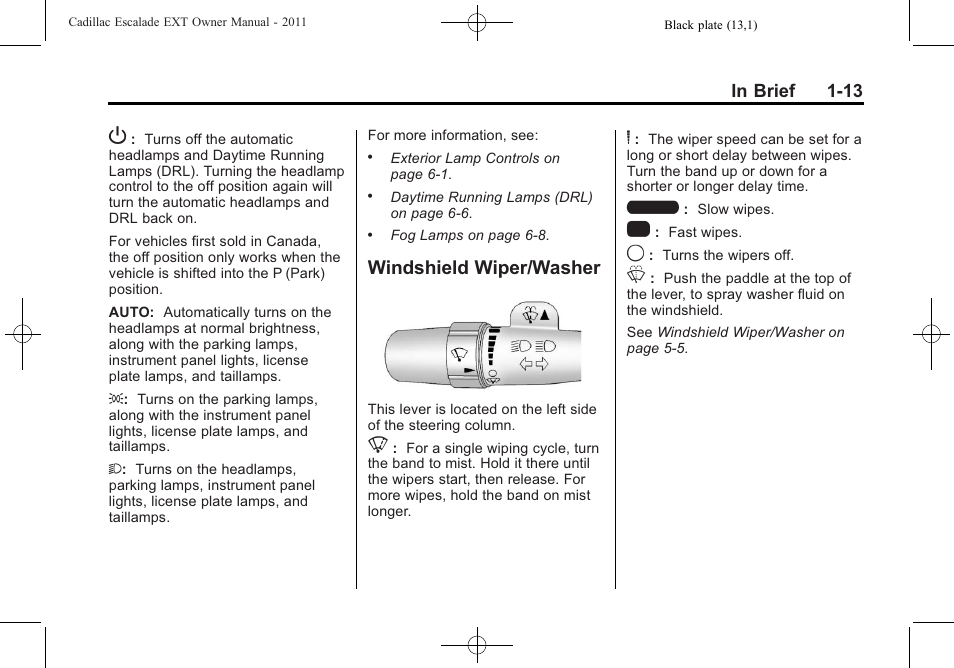 Windshield wiper/washer, Wiper/washer -13 | Cadillac 2011 Escalade EXT User Manual | Page 19 / 508