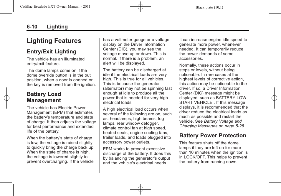 Lighting features, Entry/exit lighting, Battery load management | Battery power protection, Lighting features -10, Fuel | Cadillac 2011 Escalade EXT User Manual | Page 190 / 508