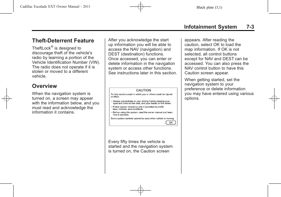 Theft-deterrent feature, Overview, Theft-deterrent feature -3 overview -3 | System (gps) | Cadillac 2011 Escalade EXT User Manual | Page 193 / 508