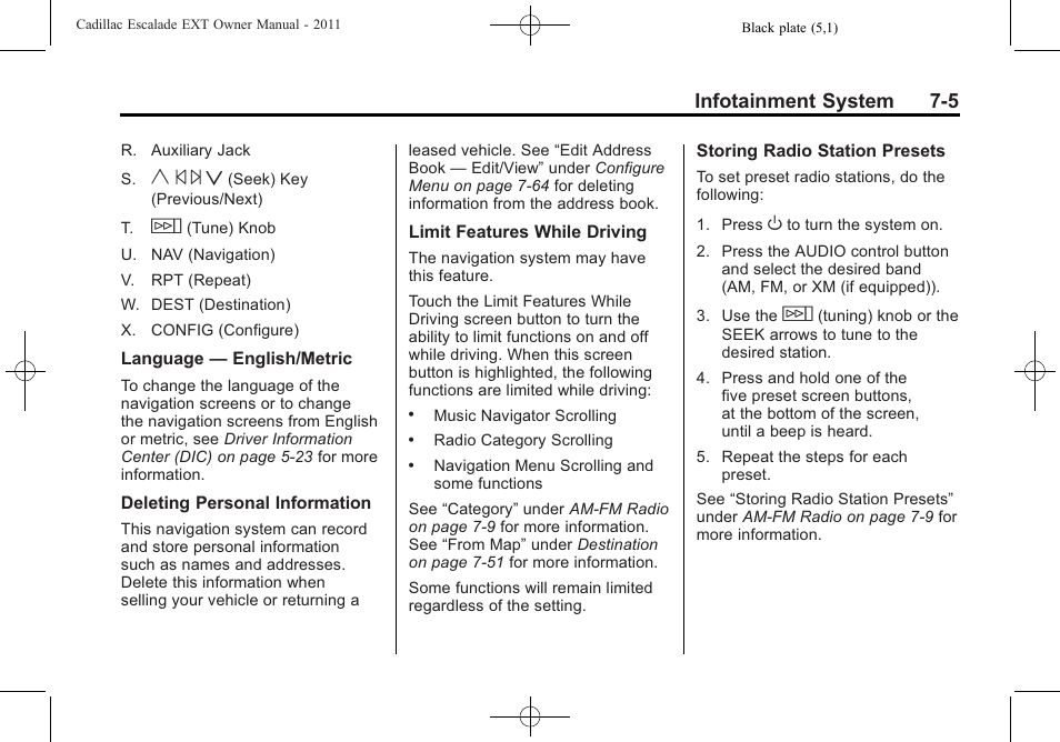 Y © ¨ z, Infotainment system 7-5 | Cadillac 2011 Escalade EXT User Manual | Page 195 / 508