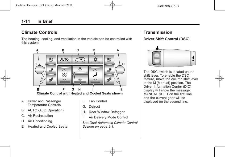 Climate controls, Transmission, Climate controls -14 transmission -14 | Cadillac 2011 Escalade EXT User Manual | Page 20 / 508