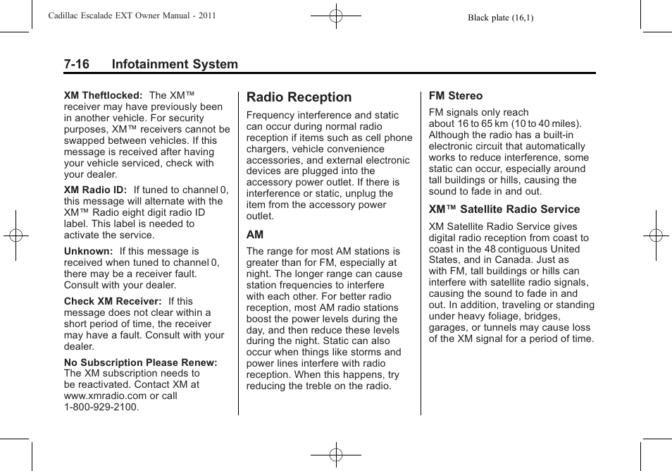 Radio reception, Radio reception -16, Service | Cadillac 2011 Escalade EXT User Manual | Page 206 / 508