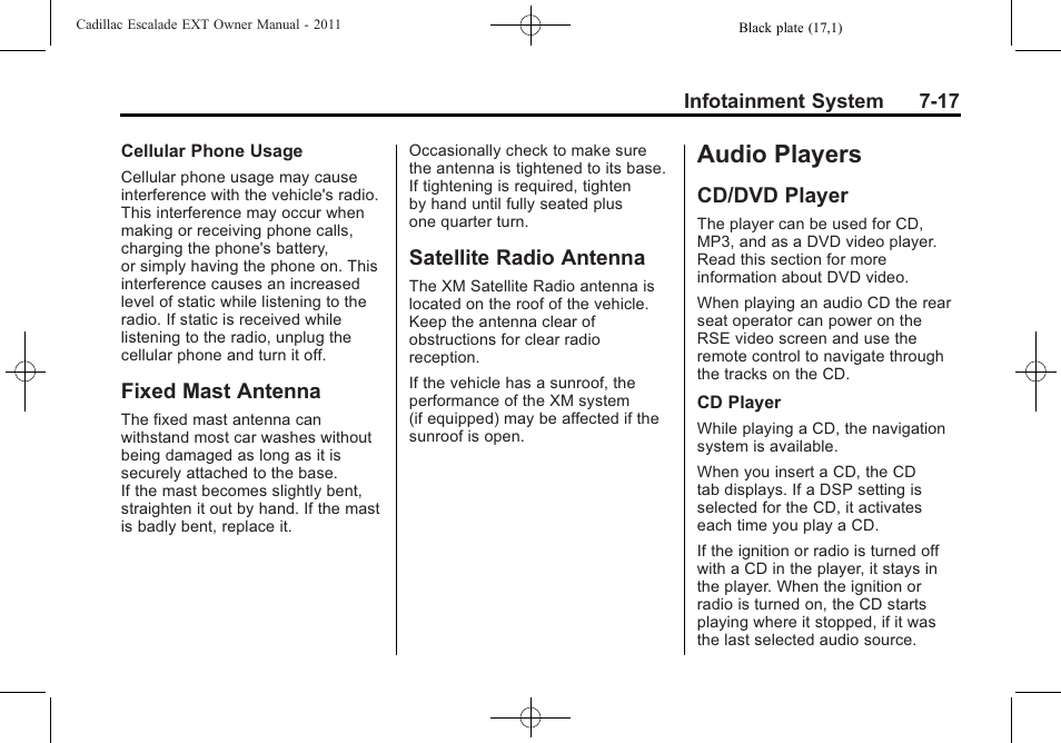 Fixed mast antenna, Satellite radio antenna, Audio players | Cd/dvd player, Audio players -17, Fixed mast antenna -17 satellite radio antenna -17, Cd/dvd player -17, Voice recognition | Cadillac 2011 Escalade EXT User Manual | Page 207 / 508