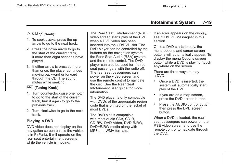 Y © ¨ z, Infotainment system 7-19 | Cadillac 2011 Escalade EXT User Manual | Page 209 / 508