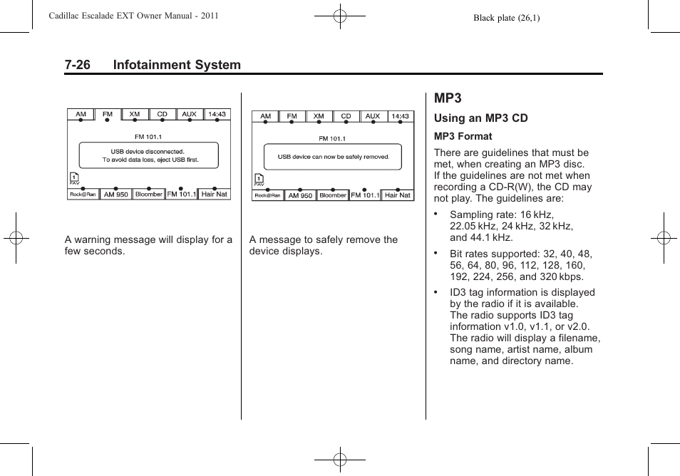 Mp3 -26, 26 infotainment system | Cadillac 2011 Escalade EXT User Manual | Page 216 / 508