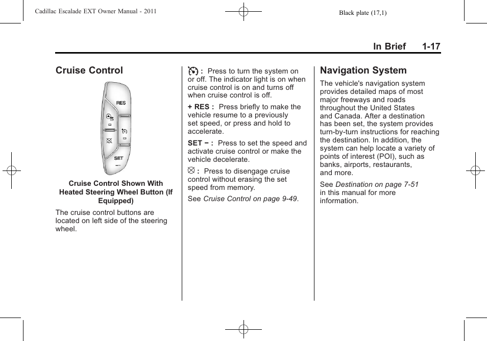 Cruise control, Navigation system, Cruise control -17 | Navigation system -17 | Cadillac 2011 Escalade EXT User Manual | Page 23 / 508