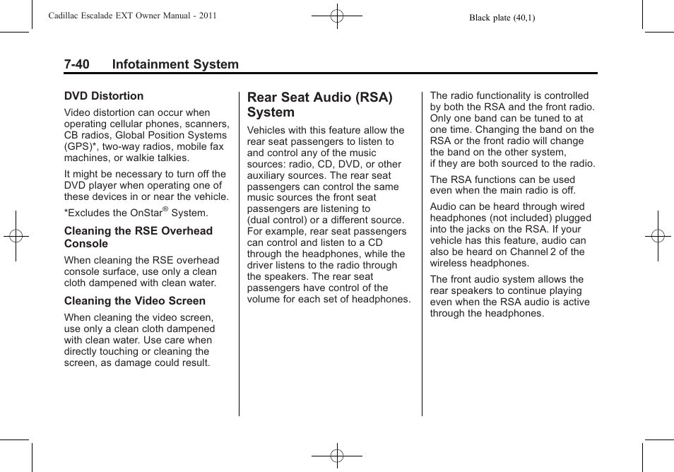 Rear seat audio (rsa) system, Rear seat audio (rsa), System -40 | 40 infotainment system | Cadillac 2011 Escalade EXT User Manual | Page 230 / 508