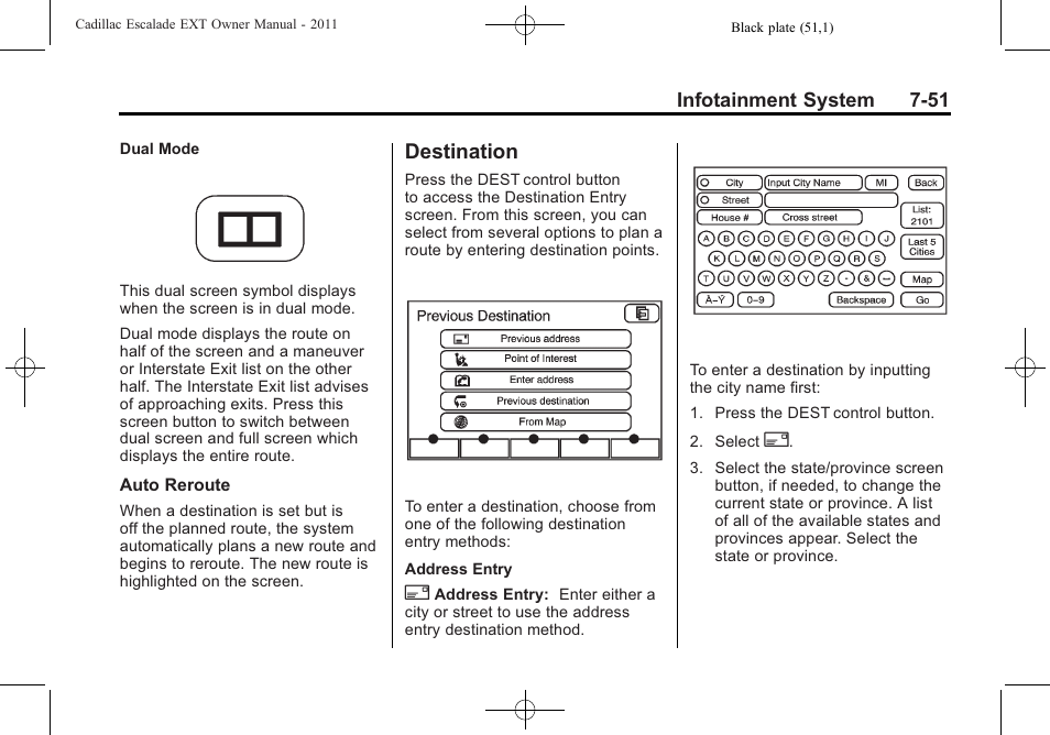 Destination, Destination -51, The navigation | Cadillac 2011 Escalade EXT User Manual | Page 241 / 508