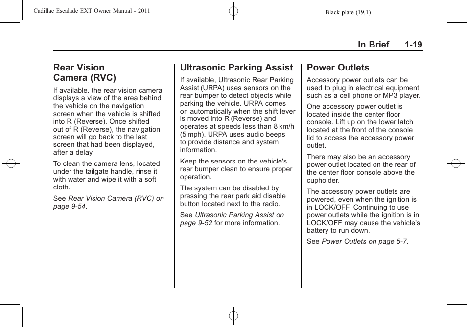 Rear vision camera (rvc), Ultrasonic parking assist, Power outlets | Vision, Camera (rvc) -19, Ultrasonic parking assist -19 power outlets -19 | Cadillac 2011 Escalade EXT User Manual | Page 25 / 508