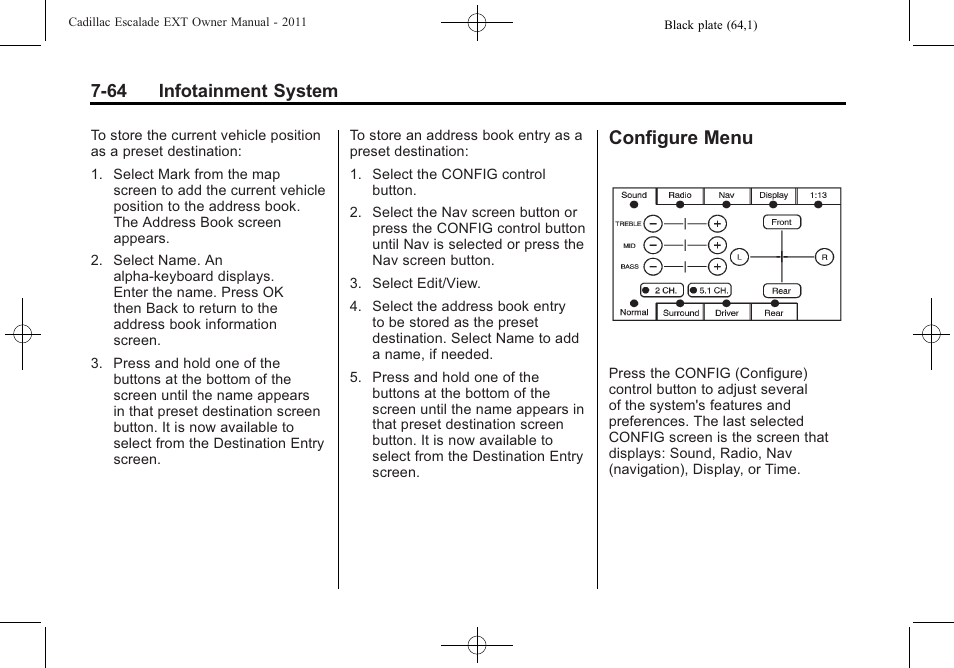 Configure menu, Configure menu -64, Navigation and | 64 infotainment system | Cadillac 2011 Escalade EXT User Manual | Page 254 / 508