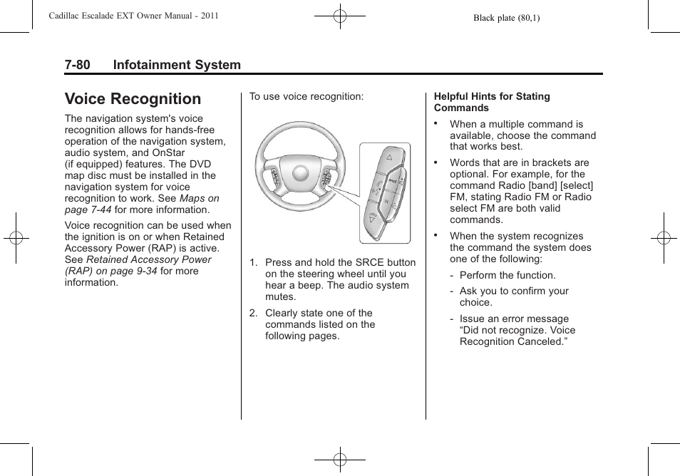 Voice recognition, Voice recognition -80, Moving | 80 infotainment system | Cadillac 2011 Escalade EXT User Manual | Page 270 / 508