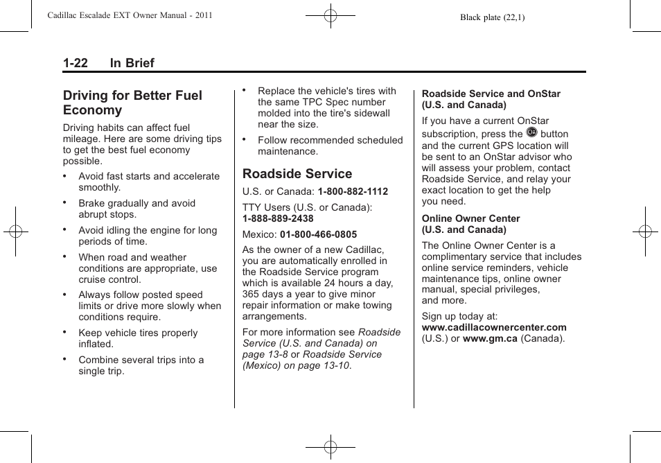 Driving for better fuel economy, Roadside service, Driving for better fuel | Economy -22, Roadside service -22, 22 in brief | Cadillac 2011 Escalade EXT User Manual | Page 28 / 508