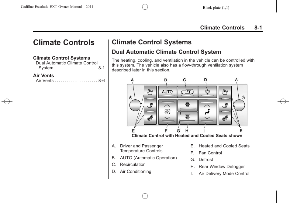 Climate controls, Climate control systems, Dual automatic climate control system | Controls -1, Climate control systems -1, Dual automatic climate control | Cadillac 2011 Escalade EXT User Manual | Page 281 / 508