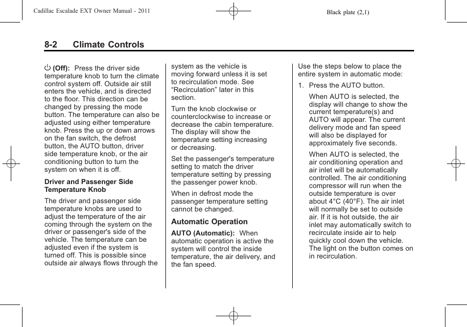 2 climate controls | Cadillac 2011 Escalade EXT User Manual | Page 282 / 508