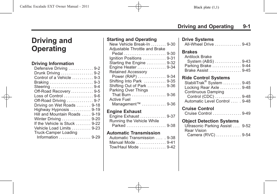 Driving and operating, Driving and operating -1, Driving and operating 9-1 | Cadillac 2011 Escalade EXT User Manual | Page 287 / 508