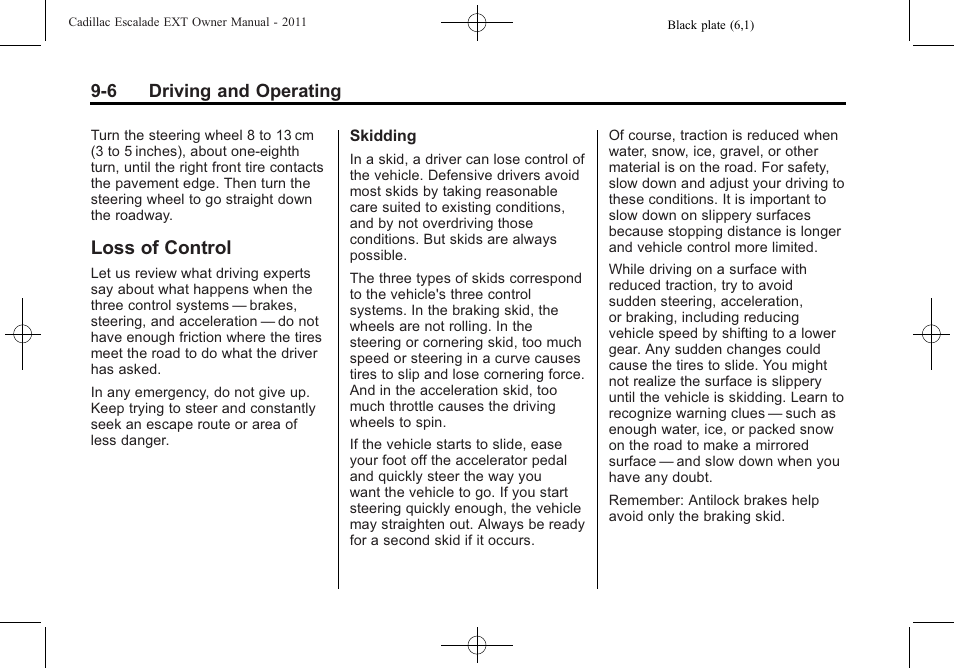 Loss of control, Loss of control -6 | Cadillac 2011 Escalade EXT User Manual | Page 292 / 508