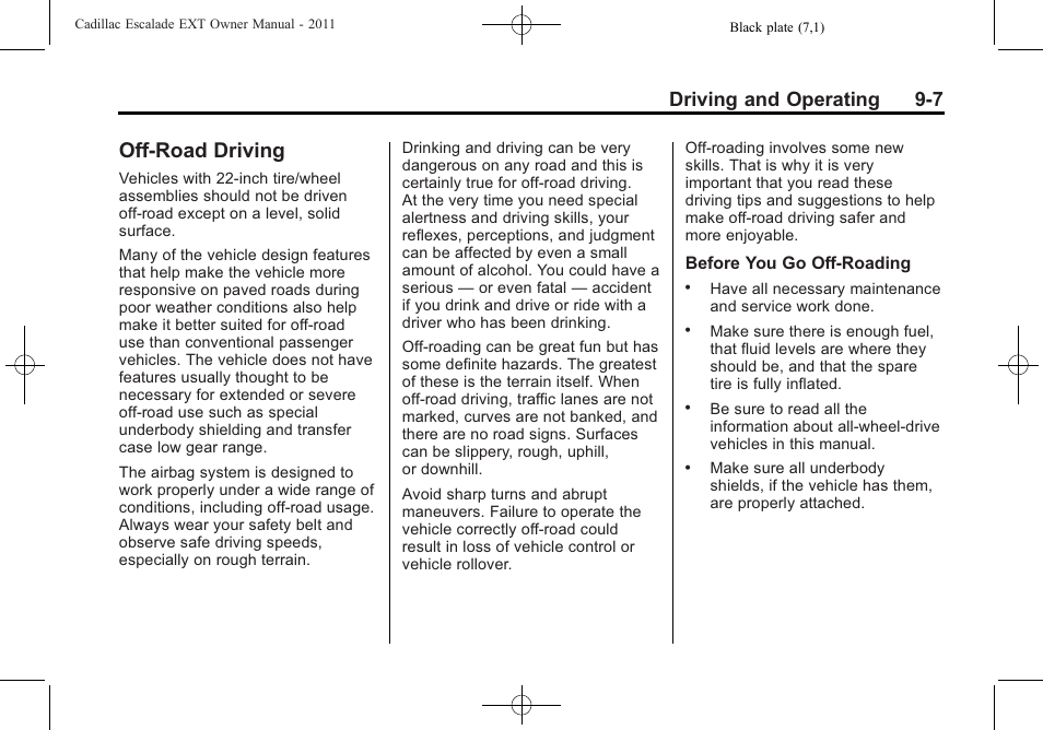 Off-road driving, Off-road driving -7, Active fuel | Driving and operating 9-7 | Cadillac 2011 Escalade EXT User Manual | Page 293 / 508