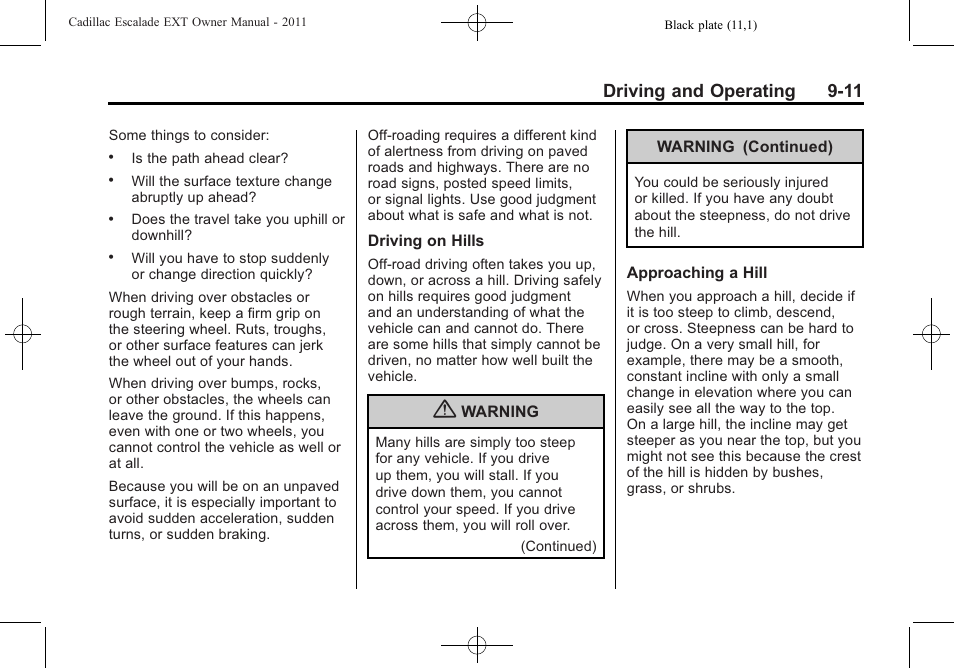 Driving and operating 9-11 | Cadillac 2011 Escalade EXT User Manual | Page 297 / 508