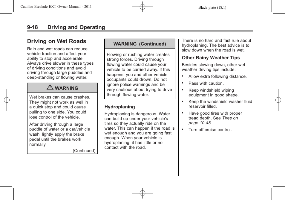 Driving on wet roads, Driving on wet roads -18, 18 driving and operating | Cadillac 2011 Escalade EXT User Manual | Page 304 / 508