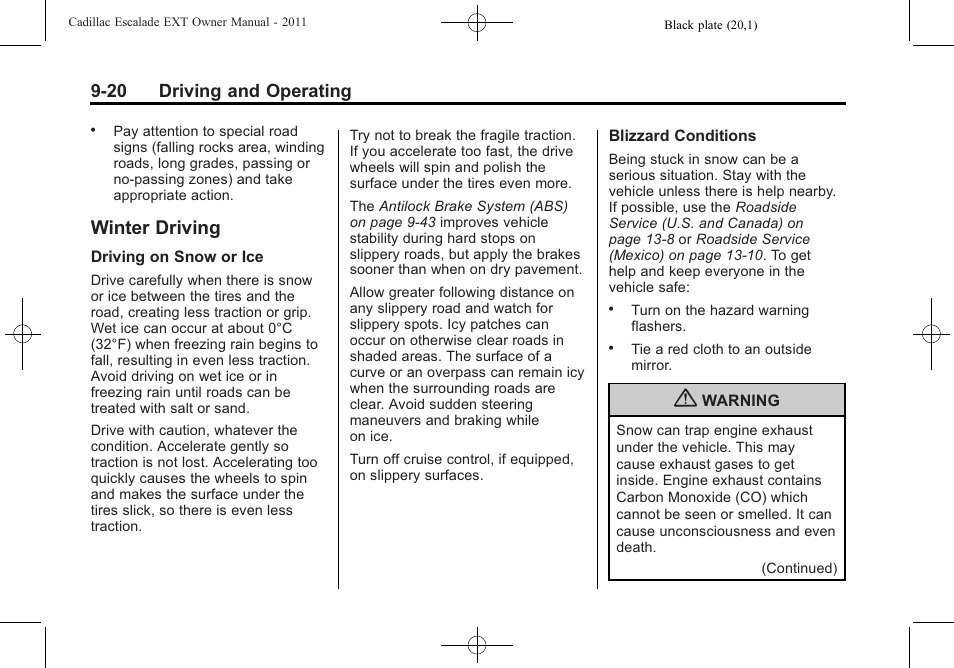 Winter driving, Winter driving -20, 20 driving and operating | Cadillac 2011 Escalade EXT User Manual | Page 306 / 508