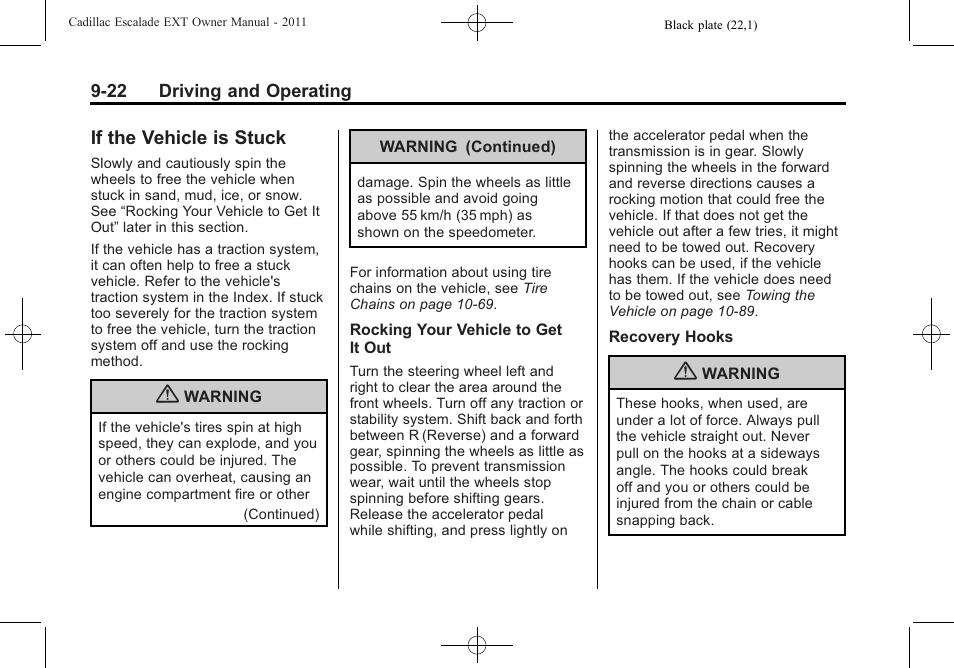 If the vehicle is stuck, If the vehicle is stuck -22 | Cadillac 2011 Escalade EXT User Manual | Page 308 / 508