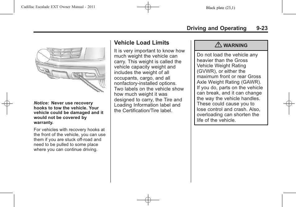 Vehicle load limits, Vehicle load limits -23 | Cadillac 2011 Escalade EXT User Manual | Page 309 / 508