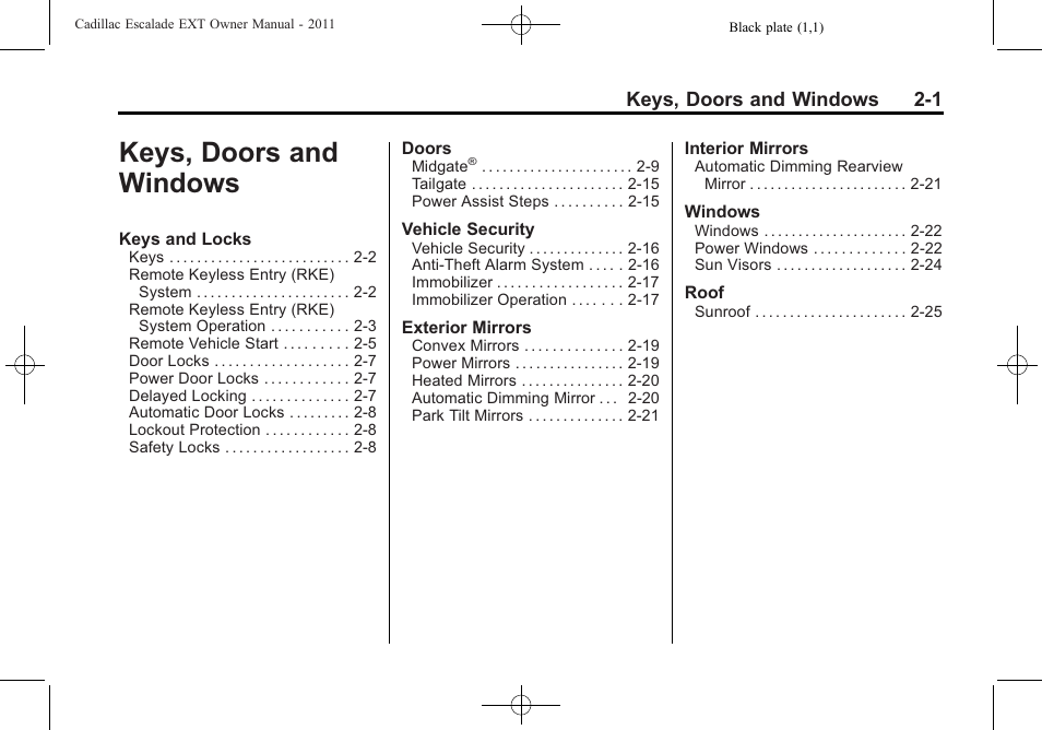 Keys, doors and windows, Keys, doors and windows -1 | Cadillac 2011 Escalade EXT User Manual | Page 31 / 508