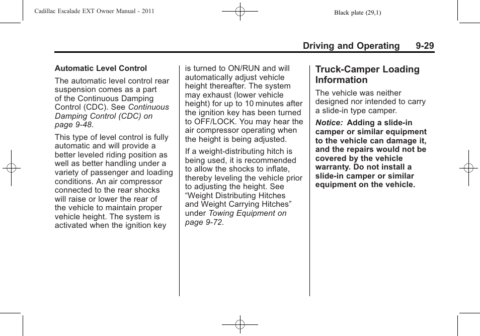 Truck-camper loading information, Truck-camper loading, Information -29 | Cadillac 2011 Escalade EXT User Manual | Page 315 / 508