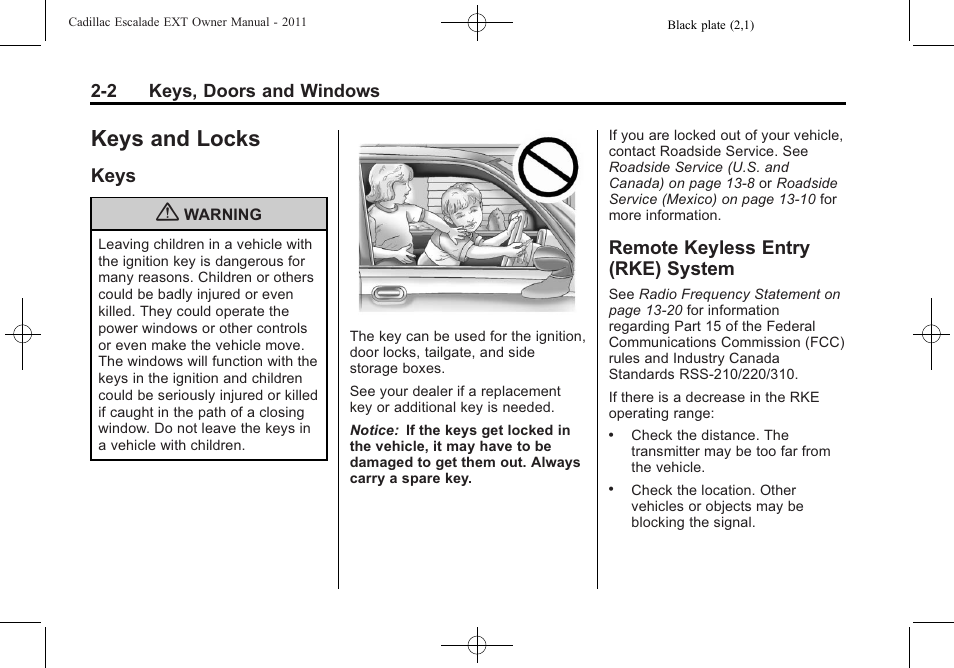 Keys and locks, Keys, Remote keyless entry (rke) system | Keys and locks -2, Controls, Keys -2 remote keyless entry (rke), System -2 | Cadillac 2011 Escalade EXT User Manual | Page 32 / 508