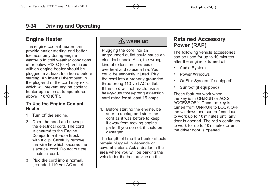 Engine heater, Retained accessory power (rap), Engine heater -34 retained accessory | Power (rap) -34, 34 driving and operating | Cadillac 2011 Escalade EXT User Manual | Page 320 / 508