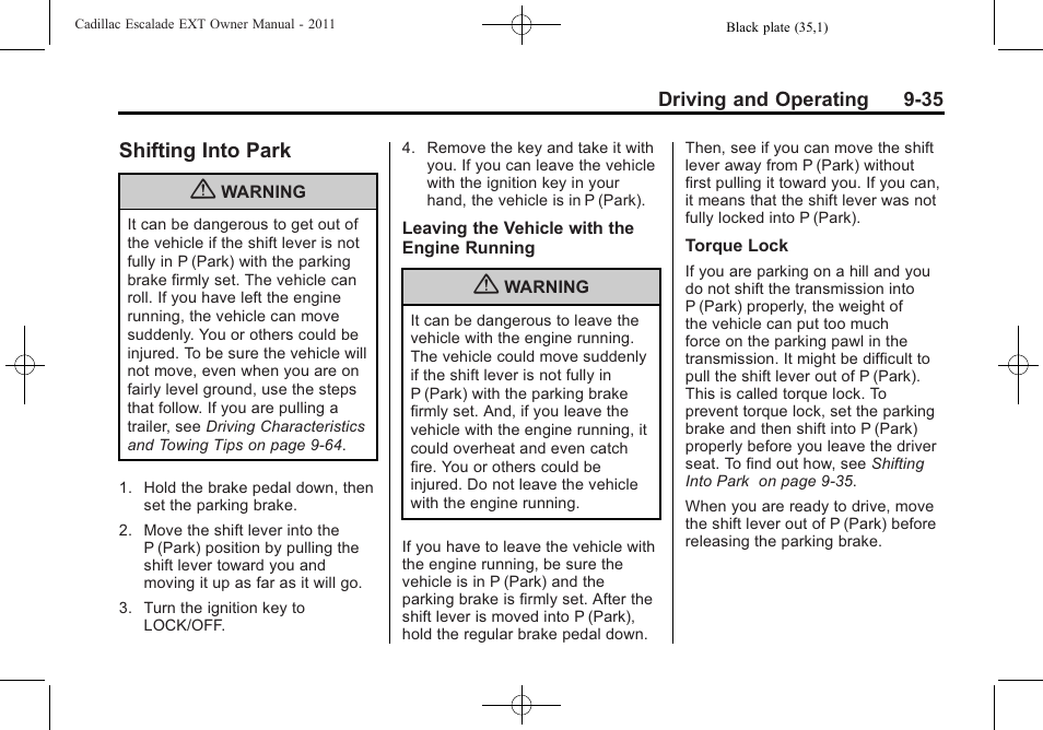 Shifting into park, Shifting into park -35, Stabilit | Cadillac 2011 Escalade EXT User Manual | Page 321 / 508