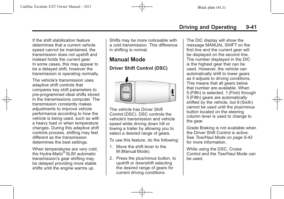 Manual mode, Manual mode -41, Driving and operating 9-41 | Cadillac 2011 Escalade EXT User Manual | Page 327 / 508