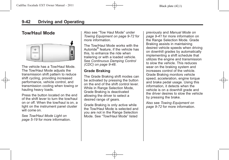 Tow/haul mode, Tow/haul mode -42, 42 driving and operating | Cadillac 2011 Escalade EXT User Manual | Page 328 / 508