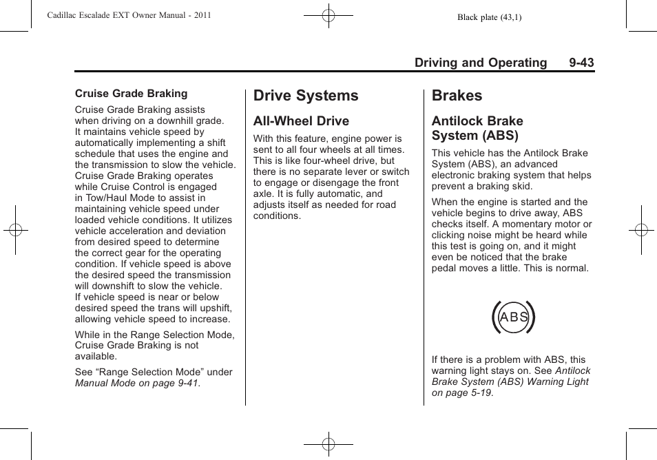 Drive systems, All-wheel drive, Brakes | Antilock brake system (abs), 43 brakes -43, All-wheel drive -43, Antilock brake, System (abs) -43 | Cadillac 2011 Escalade EXT User Manual | Page 329 / 508