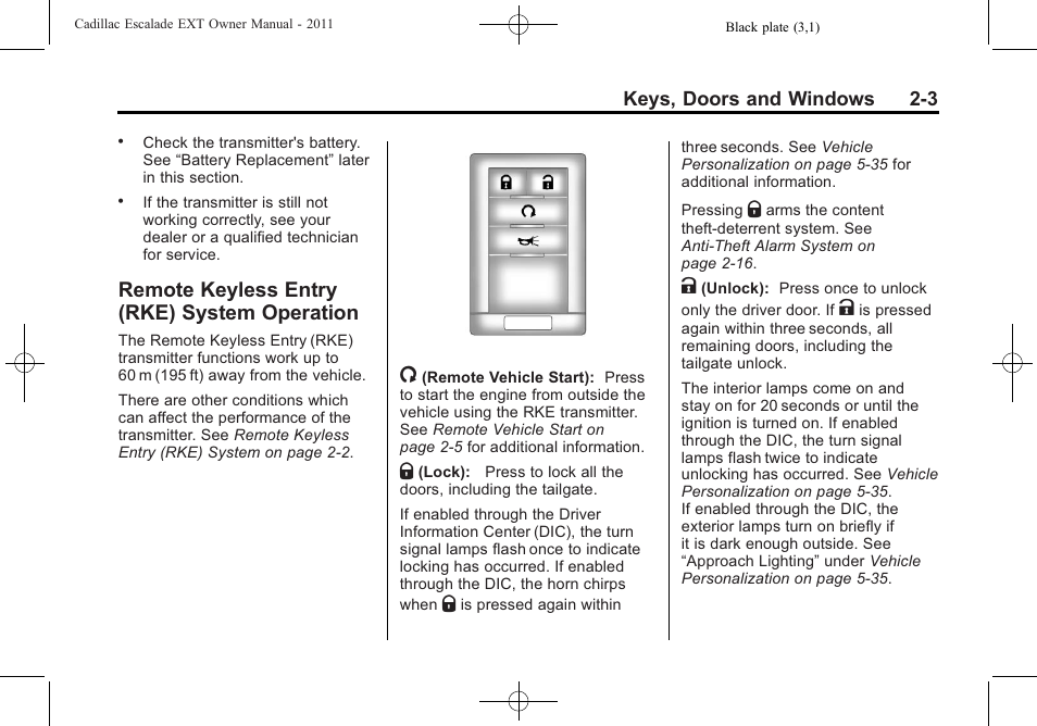 Remote keyless entry (rke) system operation, Remote keyless entry (rke), System operation -3 | Exterior | Cadillac 2011 Escalade EXT User Manual | Page 33 / 508