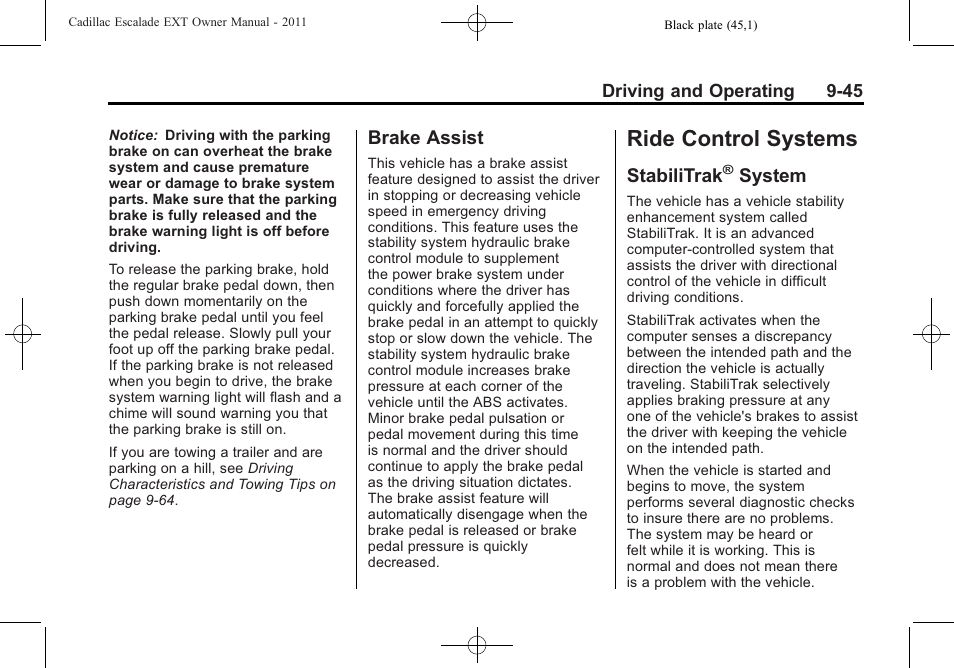 Brake assist, Ride control systems, Stabilitrak® system | Ride control systems -45, Stabilitrak, System on, Brake assist -45, System -45 | Cadillac 2011 Escalade EXT User Manual | Page 331 / 508