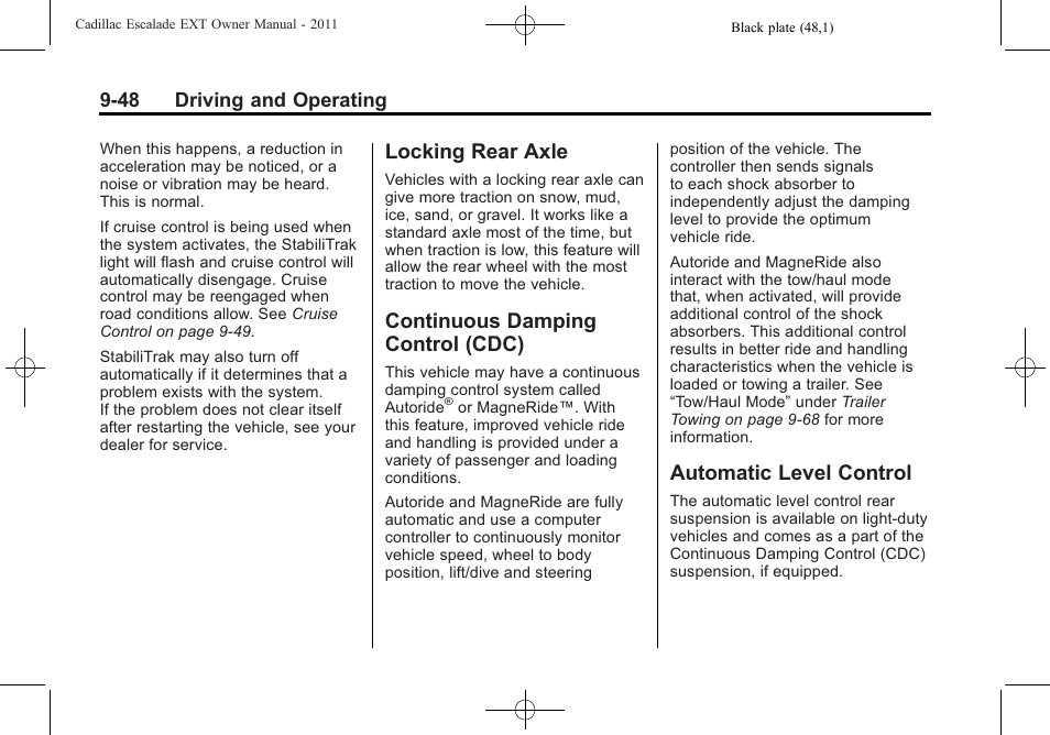 Locking rear axle, Continuous damping control (cdc), Automatic level control | Locking rear axle -48 continuous damping, Control (cdc) -48, Automatic level control -48 | Cadillac 2011 Escalade EXT User Manual | Page 334 / 508