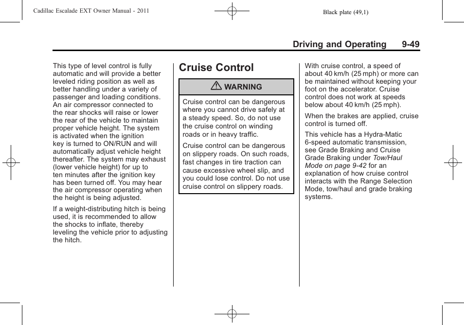 Cruise control, Cruise control -49 | Cadillac 2011 Escalade EXT User Manual | Page 335 / 508