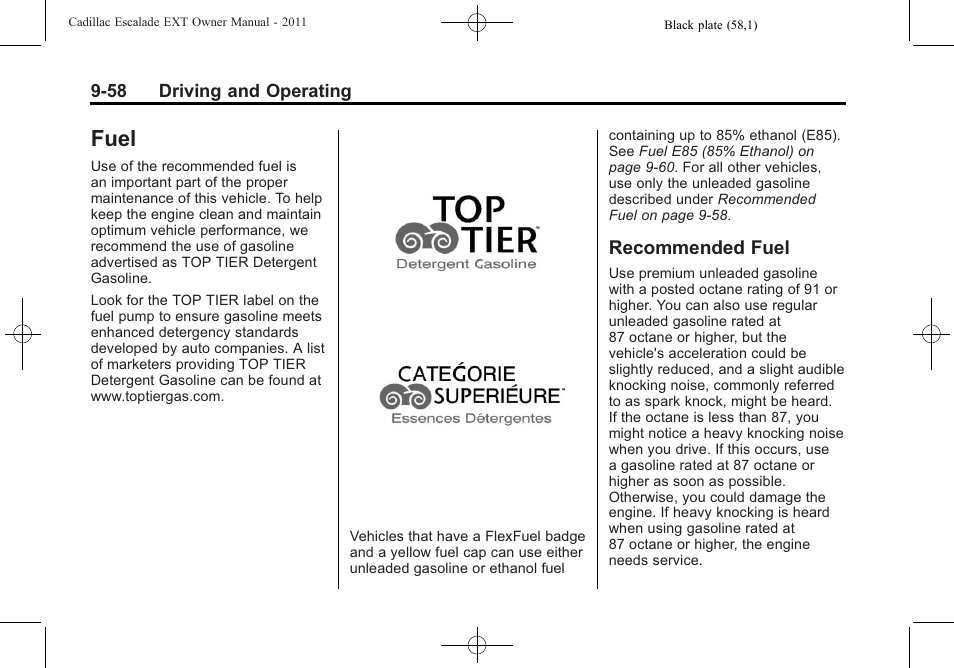 Fuel, Recommended fuel, Fuel -58 recommended fuel -58 | Cadillac 2011 Escalade EXT User Manual | Page 344 / 508