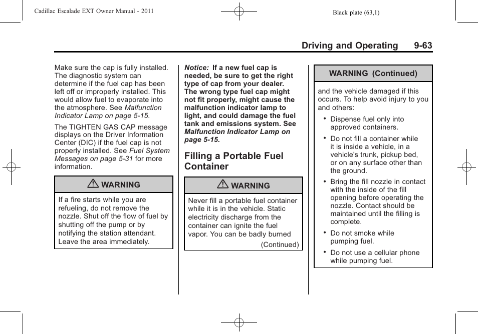 Filling a portable fuel container, Filling a portable fuel, Container -63 | Driving and operating 9-63 | Cadillac 2011 Escalade EXT User Manual | Page 349 / 508