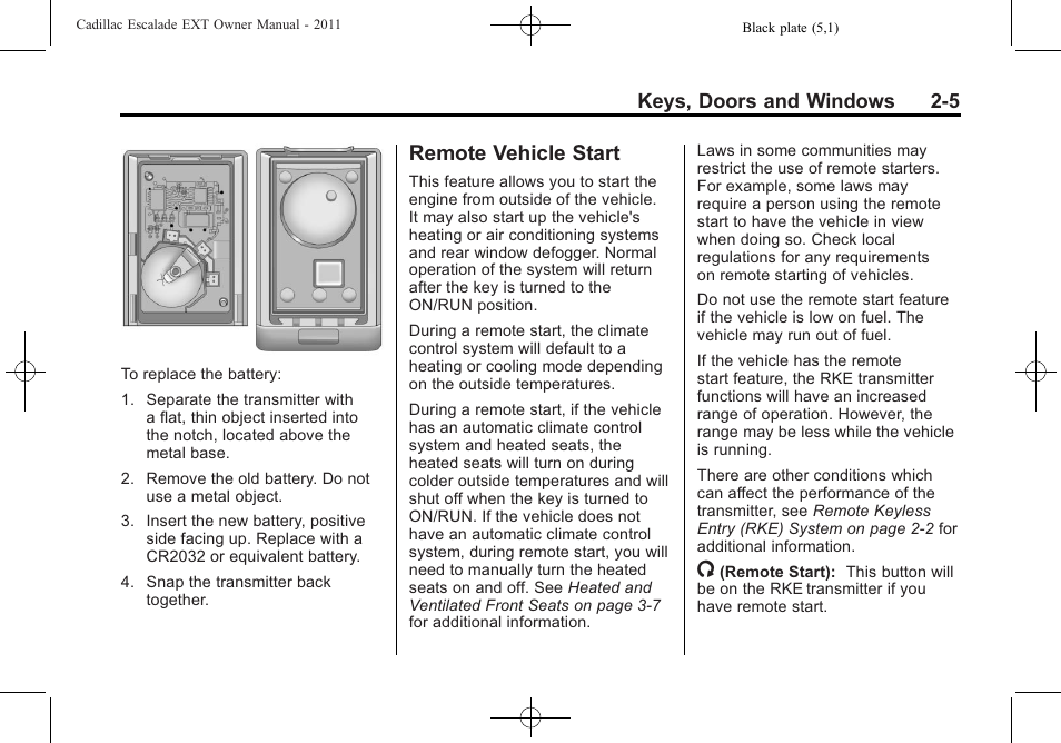 Remote vehicle start, Remote vehicle start -5 | Cadillac 2011 Escalade EXT User Manual | Page 35 / 508