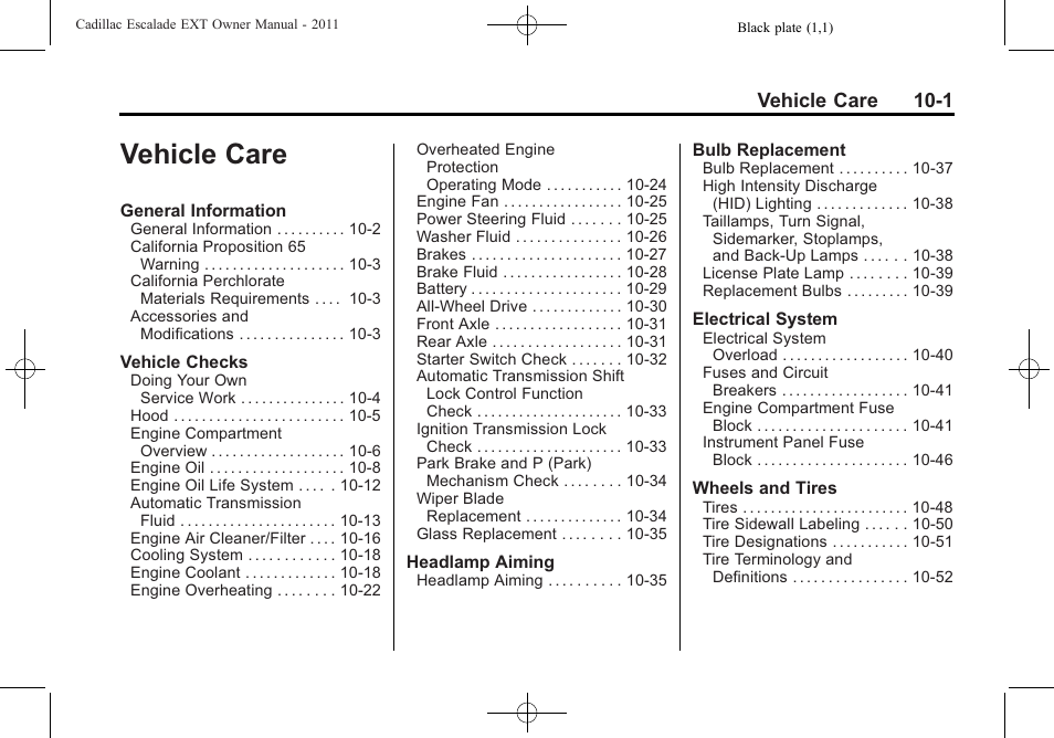 Vehicle care, Vehicle care -1, Vehicle care 10-1 | Cadillac 2011 Escalade EXT User Manual | Page 363 / 508