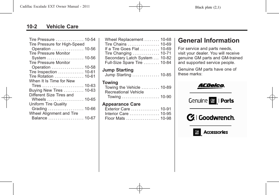 General information, General information -2, Vehicle | 2 vehicle care | Cadillac 2011 Escalade EXT User Manual | Page 364 / 508