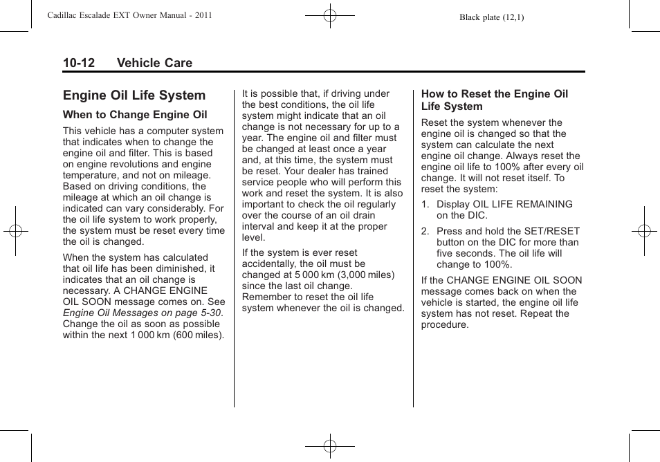 Engine oil life system, Engine oil life system -12 | Cadillac 2011 Escalade EXT User Manual | Page 374 / 508