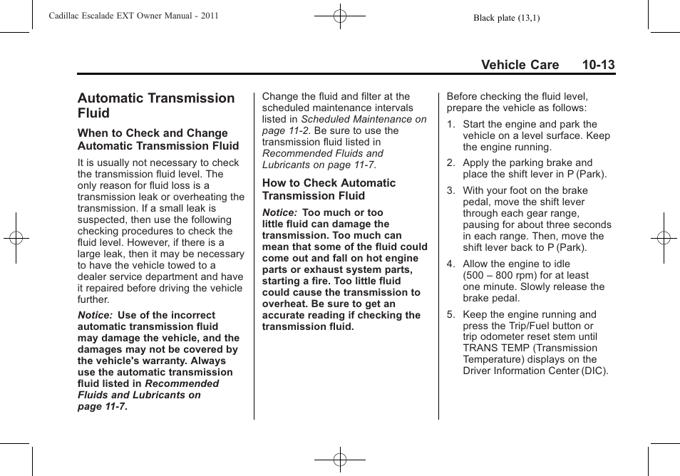 Automatic transmission fluid, Automatic transmission, Fluid -13 | Replacement, Vehicle care 10-13 | Cadillac 2011 Escalade EXT User Manual | Page 375 / 508